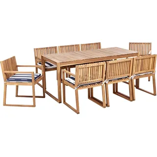 BELIANI Gartenmöbel Set 8-Sitzer Hellbraun es Akazienholz Tisch mit 8 Stühlen und Sitzkissen Marineblau Rustikal Modern Terrasse Garten - Braun, Blau, Weiß