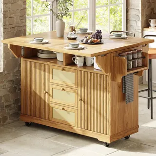 STILVORA Küchenwagen ausklappbar mit PE-Rattanschubladen, Servierwagen mobiler Rollwagen, Kücheninsel-Wagen für Balkon und Camping Naturbraun - Beige