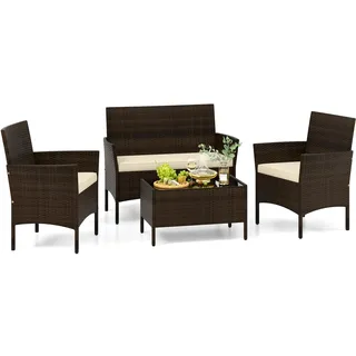 FANTASK Balkonmöbel Set, Gartenmöbel Rattan inkl. 2 Sessel, Bank, Tisch & Sitzkissen, Outdoor Lounge Möbel, Terrassenmöbel für Terrasse, Balkon, Garten (Beige)
