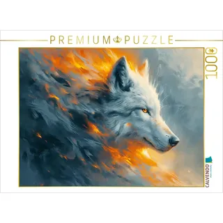 Calvendo Puzzle Flammenweiß: Die Eleganz des weißen Wolfs im Feuerspiel | 1000 Teile Lege-Größe 64x48cm Foto-Puzzle für glückliche Stunden