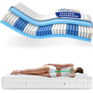 AM Qualitätsmatratzen | Premium 7-Zonen Taschenfederkernmatratze | 150x220 cm | H1 | Tonnentaschenfederkernmatratze | 150/220 | Federkernmatratze | Härtegrad H1 | 7 Zonen | 24 cm Höhe - Weiß