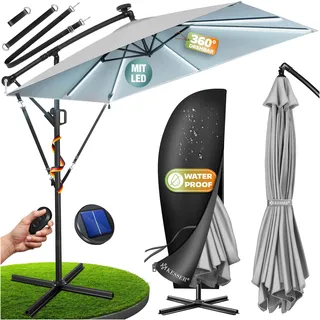 KESSER® Ampelschirm Holly Sonnenschirm Rechteckig mit und ohne LED Solar inkl. Abdeckung + Windsicherung mit Kurbel | Kurbel-Schirm mit Ständer UV-Schutz Aluminium Wasserabweisend Ø350cm Gartenschirm - Hellgrau