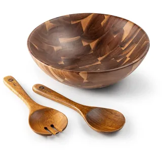 Bill.F Salatschüssel aus Holz, Salatschüssel-Set aus Akazienholz, Große Salat-Rührschüssel mit Servern, 3-teiliges Großes Salatschüssel-Set D30*10cm