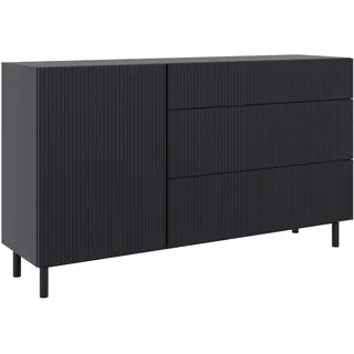 Selsey Kommode Mit Schubladen, 140 cm Breit, Schwarz Moderne Kommode Mit Einer Tür Und Gefräster Front, 3 Leisen Schubladen, Kommoden & Sideboards, Stabilität Durch Metallfüße