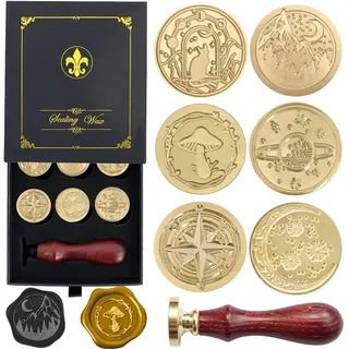 Siegelstempel Set 6 Wachssiegel Stempel Messing Köpfe und 1 Holzgriff, Wachs Siegel Stempelset für Umschlag Einladung Brief Geschenkverpackung Dekoration (Welt-Serie)