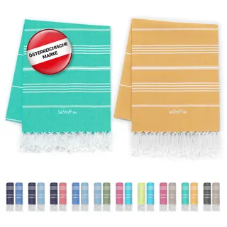 LeStoff 2er-Set Hamamtuch 95 x 180 cm - 100% Bio-Baumwolle, Vorgewaschen, Nachhaltig, Saugstark & Schnelltrocknend, Reisehandtuch, Campinghandtuch, Badetuch, Saunatuch, Strandtuch (Turquoise + Yellow)