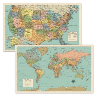 2 Stück – Weltkarte Poster & USA Karte Chart [Hellbraun/Farbe] laminiert, 45,7 x 73,7 cm