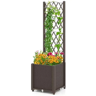 HOMASIS Blumenkasten mit Rankgitter, Pflanzenkasten mit Spalier & Selbstbewässerung, Pflanzkübel Gartenspalier für Kletterpflanzen, Rankkasten Hochbeet für Balkon Garten Terrasse (Braun, 40x40x140cm)