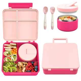 Itslife Lunch Box Kinder Set mit 300ml Thermobehälter für Essen, Auslaufsicher Brotdose Kinder mit 4 Fächern, Isolierte Lunchtasche, BPA-Freie Thermo Lunchbox Kinder, Schule, Ausflüge (Rosa)