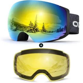 Odoland Skibrille Unisex für Damen und Herren Jungen Rahmenlose Snowboardbrille mit Magnetische Wechselglas UV-Schutz Anti-Nebel Schneebrille Helmkompatible Ski Goggles zum Skifahren Schwarz Golden