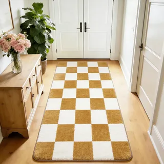 Puremy Teppich Läufer Mit Karomuster 80x150cm,Weicher Kurzflor, Waschbar, rutschfeste Rückseite, Modernes Design, für Eingang, Küche, Wohnzimmer, Schlafzimmer, Kinderzimmer, Beige und Gelb