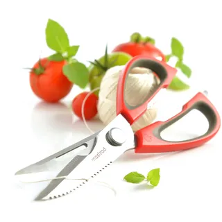 Mastrad Mulitfunktionsschere mit 12 Funktionen - hochwertige Küchenschere aus Edelstahl - Schere mit ergonomischem Griff und magnetischer Halterung, Rot