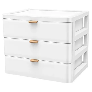 Schreibtisch Organizer 3 Schubladen - Kleine Aufbewahrungsbox Kunststoff - Aufbewahrung für Bürobedarf und Kosmetik - Kommode mit Ablagefläche oben - Weiß
