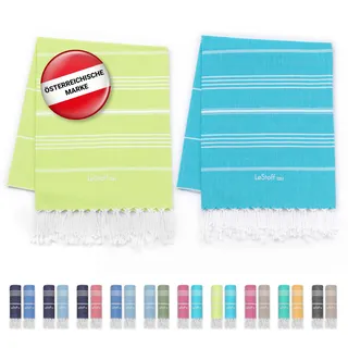 LeStoff 2er-Set Hamamtuch 95 x 180 cm - 100% Bio-Baumwolle, Vorgewaschen, Nachhaltig, Saugstark & Schnelltrocknend, Reisehandtuch, Campinghandtuch, Badetuch, Saunatuch, Strandtuch (Lime + Aqua)