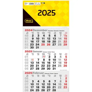 IDENA 11170-3 Monatskalender 2025 in der Größe 25 x 45 cm, Wandkalender mit Schieber, 4-sprachiger Bürokalender mit Wochenzählung