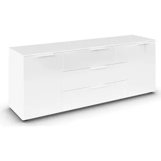 Rauch Flipp, Sideboard, TV-Schrank, Kommode mit 3 Schubladen und Soft-Close-Funktion sowie Glasfront weiß 2-türig Glastüren, Schubkästen, Griffe weiß, 160x61x42cm