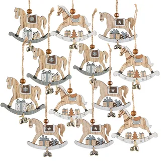Schaukelpferd Anhänger Holz 12 Stück – Weihnachtsanhänger mit Glöckchen, 8 x 6,5 cm – Baumschmuck in Braun, Weiß & Grau – Christbaumschmuck Vintage