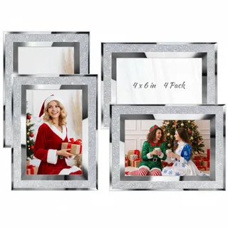 Queekay Glitzer-Bilderrahmen, Kristall-Wanddekoration, Spiegel-Dekoration für Abschlussfeier, Hochzeit, Zuhause, Tisch - Silber (10,2 x 15,2 cm)