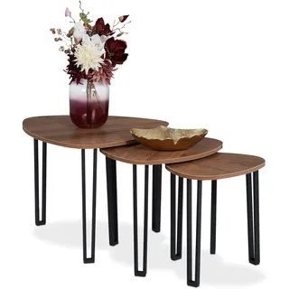 Relaxdays Beistelltisch 3er Set, dreieckig, Industrial Design, stapelbar, Satztische 3 Größen, Metall, Holzoptik/schwarz, 1 Stück