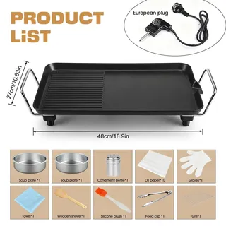 Elektrischer rauchfreier Grill - Teppanyaki Tischgrill - 1500W - Indoor Elektrogrill - tragbare BBQ Grillplatte - leicht zu reinigen - schwarz