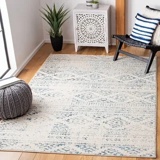 SAFAVIEH Boho Teppich für Wohnzimmer, Esszimmer, Schlafzimmer - Tulum Collection, Kurzer Flor, Elfenbein und Türkis, 183 X 274 cm