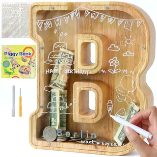 Lakpopya Spardose Kinder Jungen, Personalisiert Holz A-Z Sparschwein | Durchsichtig Buchstabe A-Z Sparbüchse für Kinder Mädchen Erwachsene mit Aufklebern und Filzstift, Taufe Geschenk Dekoration