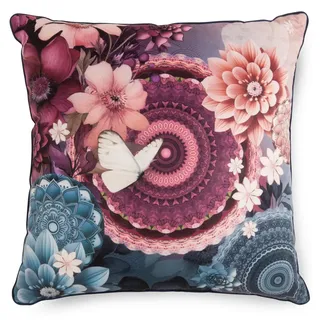 Zierkissen , Blau, Multicolor, Bordeaux , Textil , Blume , Füllung: Polyester,Polyester , quadratisch , 48x48 cm , Oeko-Tex® Standard 100 , langlebig, Wendekissen, mit Biese , Heimtextilien, Wohntextilien, Kissen, Zierkissen