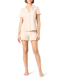 Amazon Essentials Damen Schlafanzug-Set aus Baumwoll-Modal mit Paspelierung und Kerbkragen, Bequeme Loungewear (Erhältlich in Übergröße), Beige, XL