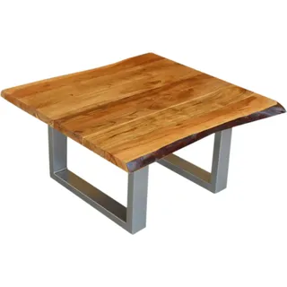 KAWOLA Couchtisch LORE 80x80cm massiv mit Baumkante Fuß silber - Braun