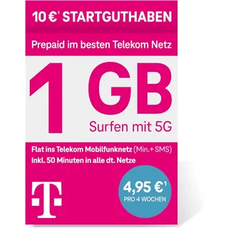 Deutsche Telekom MagentaMobil Prepaid S SIM-Karte ohne Vertragsbindung,5G inkl. I1 GB & Flat ins Mobilfunknetz,50 Freiminuten in alle Anderen dt. Netze I Surfen mit 5G/ LTE Max, 10 EUR Startguthaben