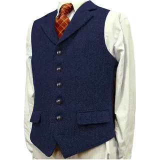 Herren Weste V-Ausschnitt mit 5 Knöpfen Formale Hochzeit Party Vest Herringbone Tweed Wolle Männer Anzugweste für Herren, Königsblau S