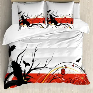 ABAKUHAUS Halloween Bettbezug Set, Halloween-Schläger-Spinnen-Netz Scary Drucken, 200 x 200 cm + 80 x 80 cm, Anthrazit grau Zinnoberrot