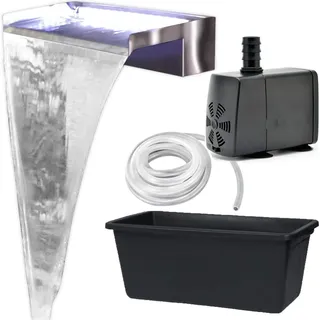 Köhko Wasserfall-Set Akaka (Länge 60 cm) aus Edelstahl matt 24303 - Komplett-Set inkl. Pumpe und Becken (90 Liter) Einbauhöhe bis ca. 60 cm Auqafall