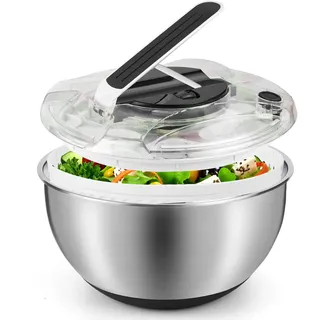 Gaethra Salatschleuder Edelstahl Groß 4,5L, Push-Typ Salatschleuder mit Deckel, Rutschfestem Boden, Salad Spinner Zum Waschen und Abtropfen von Salaten, Abgießen von Nudeln usw