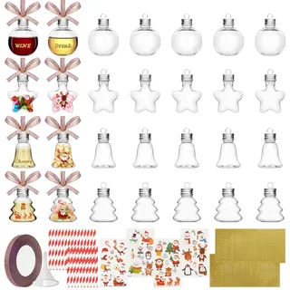 HOTOOLME 28 Stück Weihnachtskugeln zum Befüllen 50ml Transparente Weihnachtskugel DIY Christbaumkugel aus Kunststoff mit Aufhänger, Band und Aufkleber zur Weihnachtsdekoration