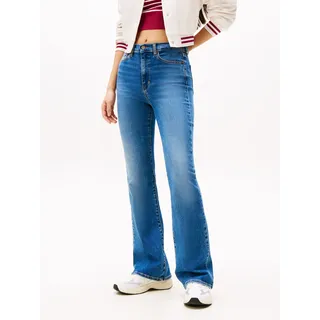 Bootcut-Jeans TOMMY JEANS "SYLVIA HGH FLR", Damen, Gr. 25, Länge 32, blau (mid blau), Denim/Jeans, Obermaterial: 98% Baumwolle, 2% Elasthan, unifarben, ausgestellt knöchellang, Jeans Bootcut-Jeans, Weite Beinform und Logo Stickerei auf der Gesäßtasche