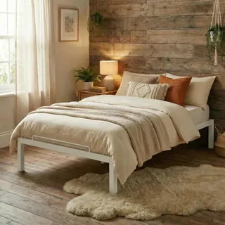 INDUSTORM Bett - Bettgestell 140x200 mit Elastisch Lattenrost aus Birkenholz, Metallbett Stauraum Höhe 23,5cm - Gästebett - Weiß