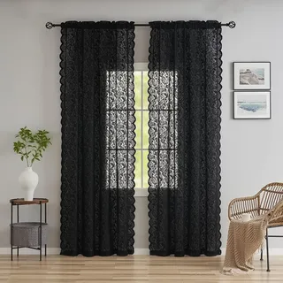 Schwarze Spitzenvorhänge, 2 Vorhänge, 274 cm lang – florales Boho-Design, lichtdurchlässig, Wohnzimmer/Schiebetür, Landhaus-/Gothic-/Halloween-Deko, 132 × 274 cm