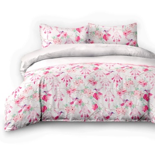 AmeliaHome 06891 4tlg 2 x Biber Bettwäsche 155x220 cm mit 2 Kopfkissenbezügen 80x80 cm 100% Baumwolle Blumenmuster Bettbezug Reißverschluss Snuggy Collection Sweet Dreams Vogel weiß rosa