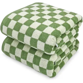 Jacquotha Badetücher, 2er-Set, Luxus-Duschtücher, 139,7 x 69,8 cm, Baumwolle, Strandtuch, grün kariert, saugfähig, schnell trocknend, 520 g/m2