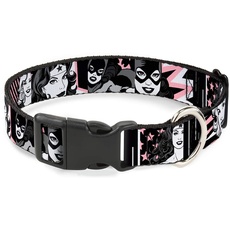 Buckle-Down Plastic Clip Collar - Batgirl/Wonder Woman/Supergirl Retro Panels Black/Pink/White - 1" Wide - Fits 9-15" Neck - Small