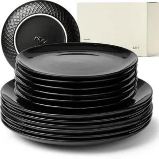 KIVY Geschirrset 6 Personen[Kratz & Spülmaschinenfest] 6x27cm + 6x22cm - Teller Set 12-teilig modern - Geschirr Set - Kombiservice - Geschirrset - Teller Set Schwarz - Teller Schwarz Matt
