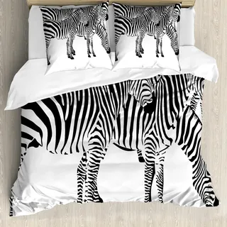 ABAKUHAUS Safari Bettbezug Set, Zebras-afrikanischer Tier-Haut-Druck mit Streifen-Dschungel-Tier-Bild-Grafik, 155 x 220 cm + 80 x 80 cm, Schwarz und weiß - Schwarz, Weiß
