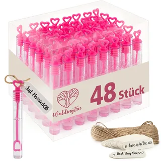 WeddingTree Seifenblasen Set in pink - 48 teilig Herzgriff - herzallerliebst für Hochzeit Taufe Geburtstag Goldene Hochzeit Verlobung Valentinstag Gastgeschenk Party
