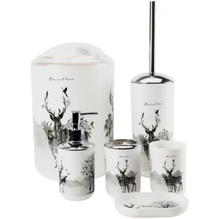 6tlg Badset Badezimmer Zubehör Set Organizer: Seifenspender, Zahnputzbecher, Kosmetikeimer, WC Bürste und Halter, Seifenschale, Mülleimer, Zahnbürstenhalter, Badgarnitur (Hirsch)