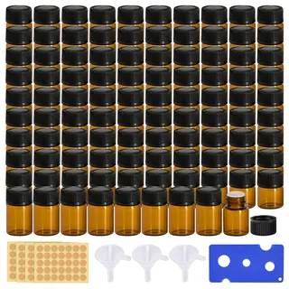 Mini-Flaschen Für Ätherische Öle, 100 Stück 2ml Braune Leere Glasflaschen, Fläschchen für Ätherische Öle, Mini Glasflasche mit Trichter und Flaschenöffner für Ätherisches Öl, Aromatherapie, Massagen