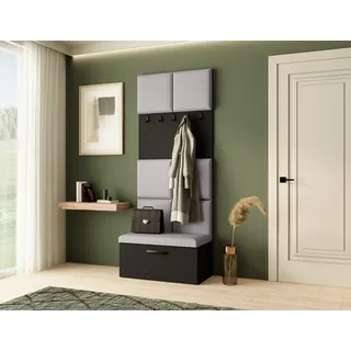 Garderobe MARGARET I, Farbe: Schwarz + Grau, mit gepolsterten Paneelen und Kleiderhaken - Schwarz, Grau