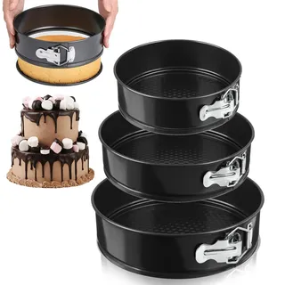 LZYDKH 3 Stück Springform, 20/22/24cm klein Kuchenform Backform mit Antihaftbeschichtung Springform Set Abnehmbarer Flachboden für Backen Verschiedener Kuchen Unt Brot (Schwarz)