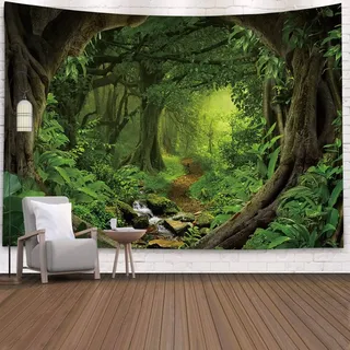Mesnt Wandteppich Natur Groß, Wandtuch Landschaft Baum Psychedelische Wandbehang Bettwäsche Tapisserie (Grün, 260x240cm)