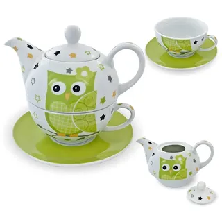 Porzellan-Tee-Set „Tea for One“ Teeservice mit Teekanne, Tasse, Untertasse grün/weiß/Eule